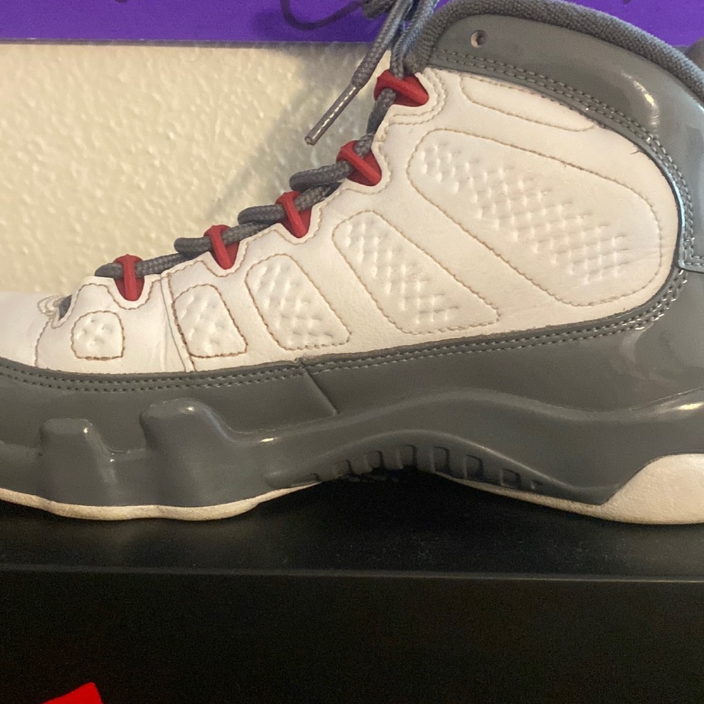 Jordan 9s white and red and grey